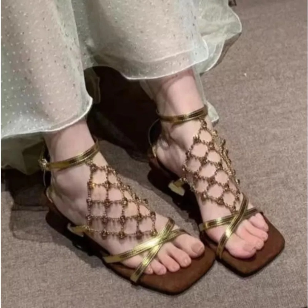 Mesh Strap Metal - Sandalias Romanas de Tacón Alto para